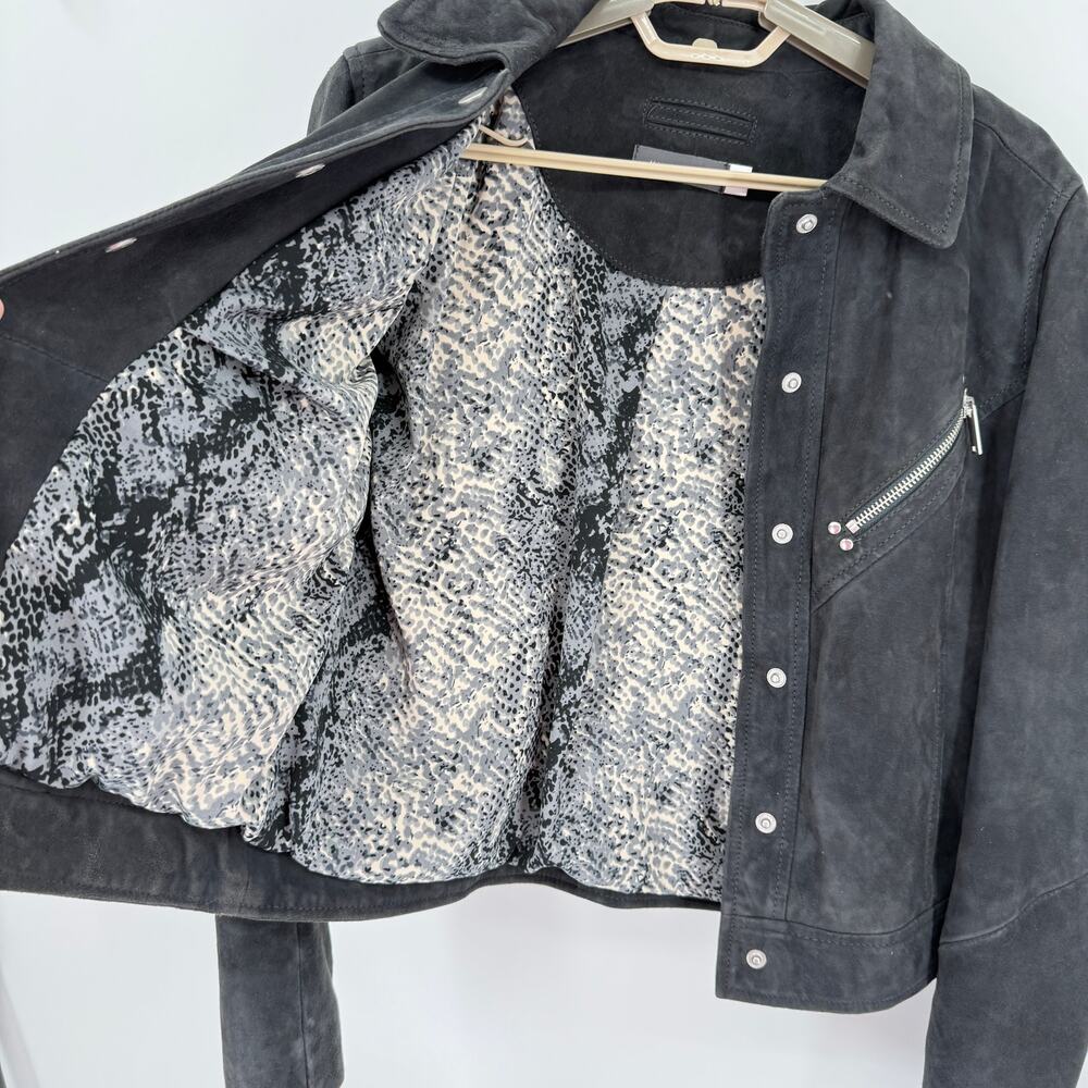 Mint Velvet 100% Suede Leather Western Jacket zipper Charcoal Biker EU 36 US 4 - Picture 3 of 7